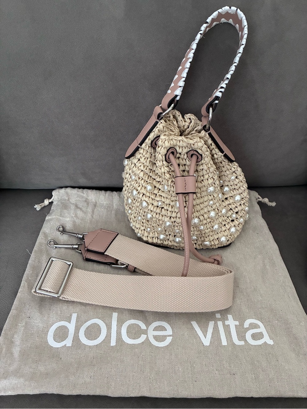 Dolce Vita Beige Straw Mini Bucket Bag with Pearl Accents